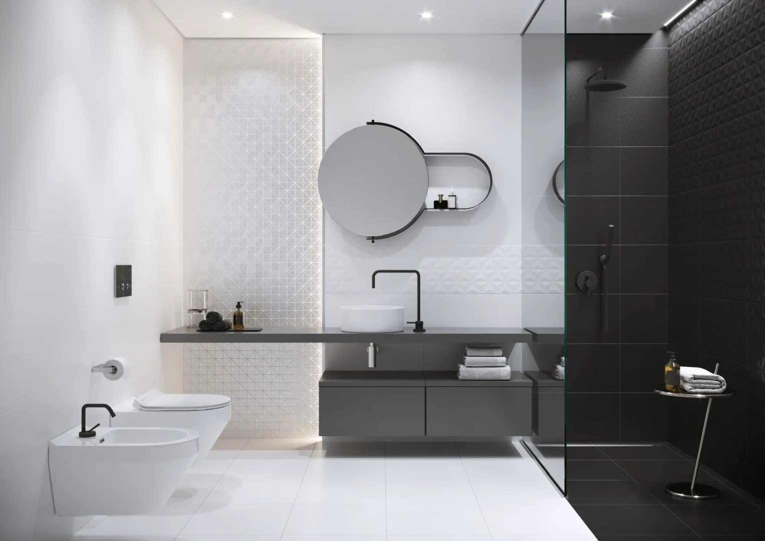 Łazienka biało-czarna z prysznicem