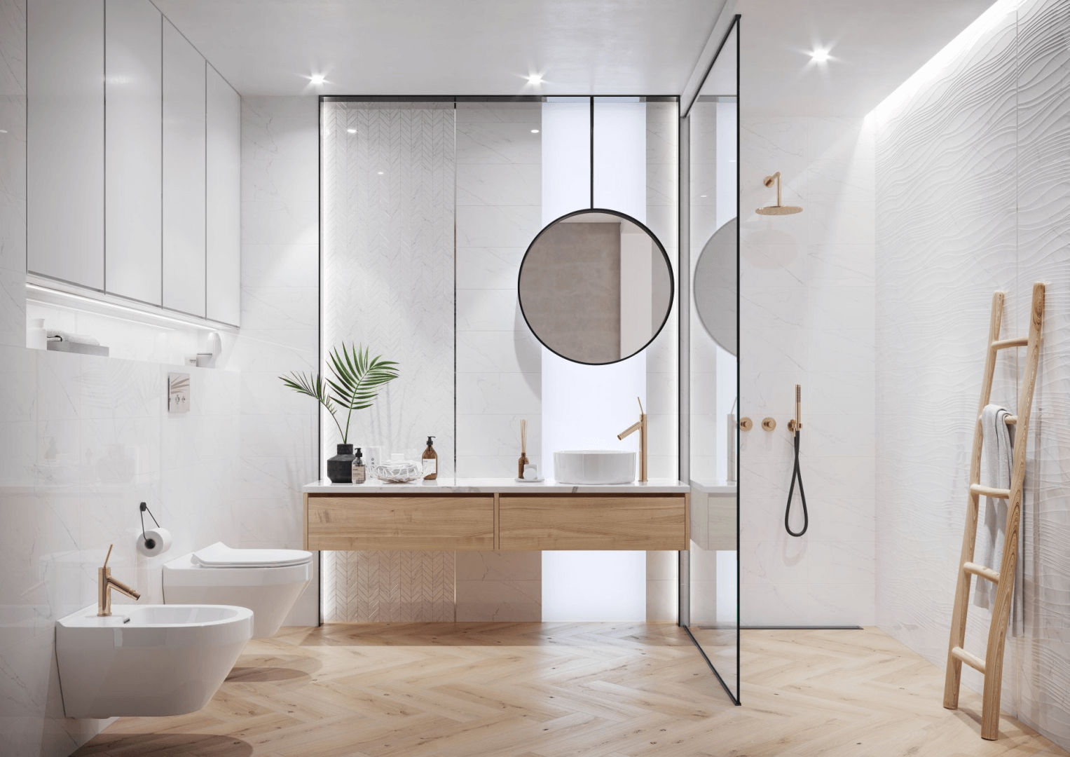 Biała łazienka z imitacją drewna 